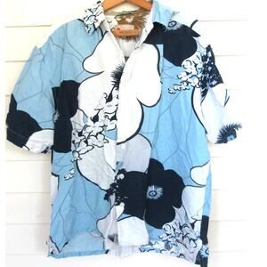 LIBERTAD Tropical Hawaiian Print Linen Blend Short Sleeve Button Down Shirt